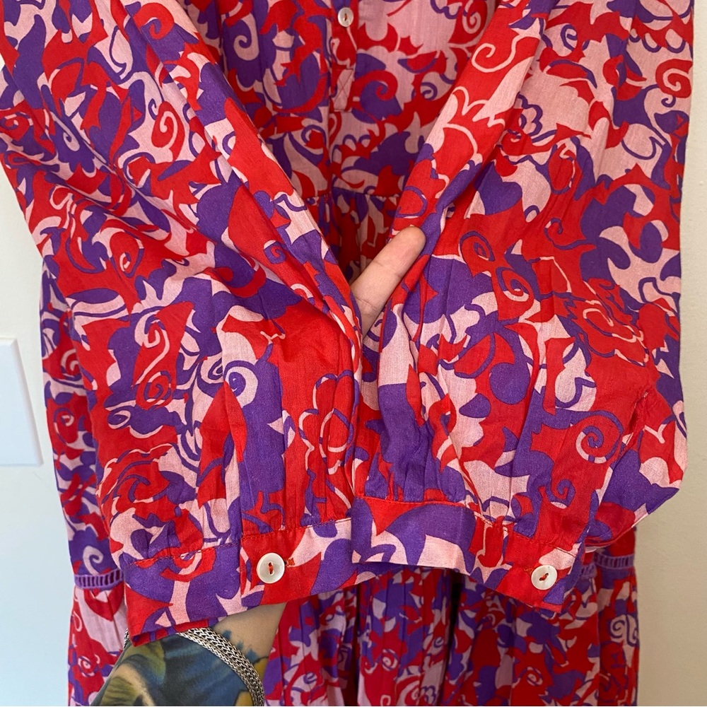 RO’S GARDEN Tyler Abstract Print Cotton Mini Shirt Dress Red/Purple Sz Large - Picture 9 of 16